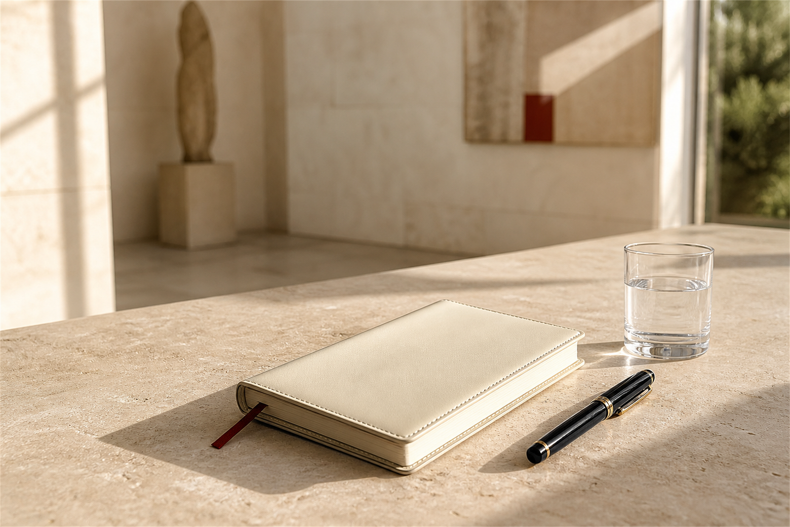 Journal and pen in warm morning sunlight